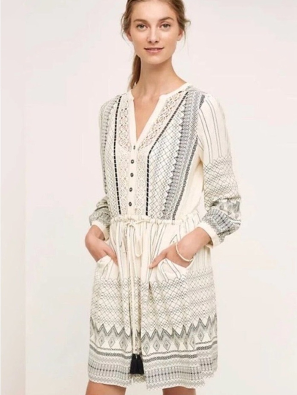 Anthropologie Floreat Cream Black Pattern Boho Peasant Tunic Midi Dress 2